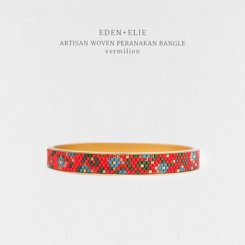 Modern Peranakan Gold Narrow Bangle - Blue / Vermilion / Yellow