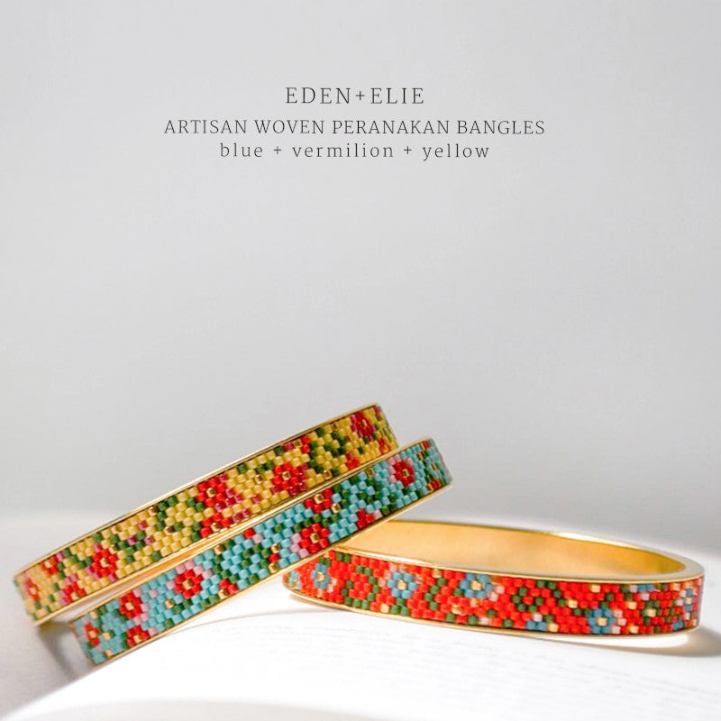 Modern Peranakan Gold Narrow Bangle - Blue / Vermilion / Yellow