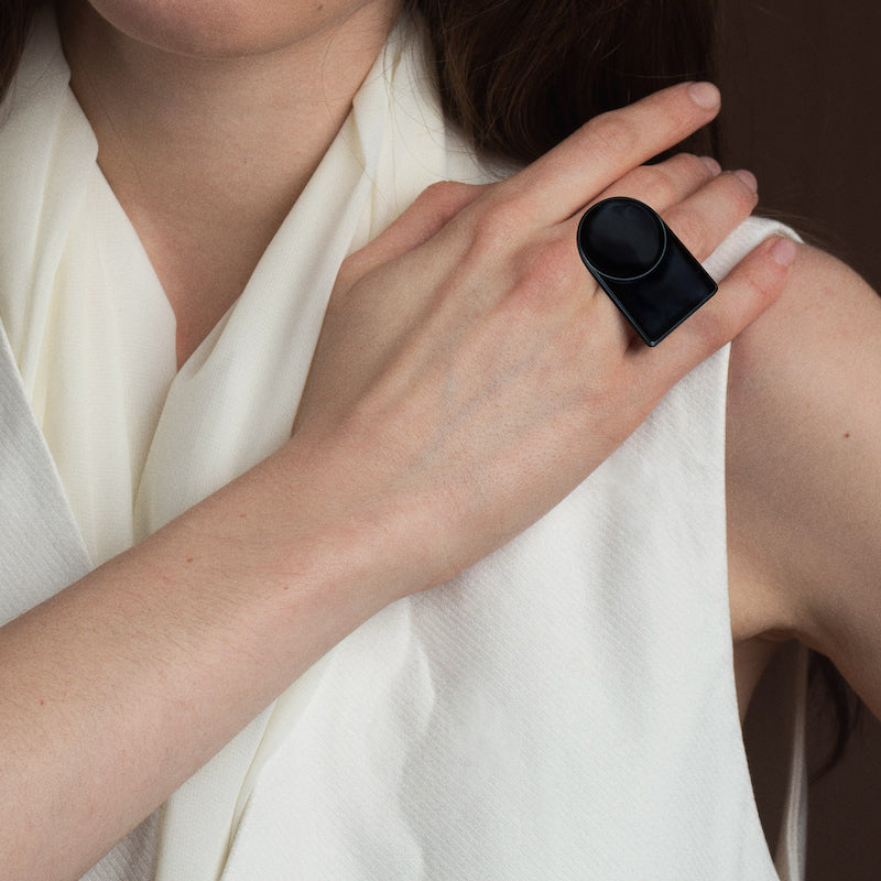 Oxidized Silver ring with black enamel