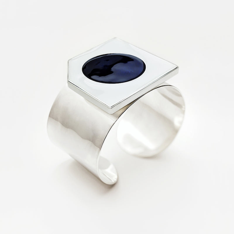 Silver bracelet with white & dark blue enamel