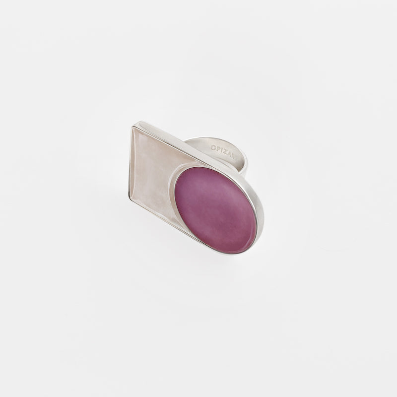 Silver ring with rose & beige enamel