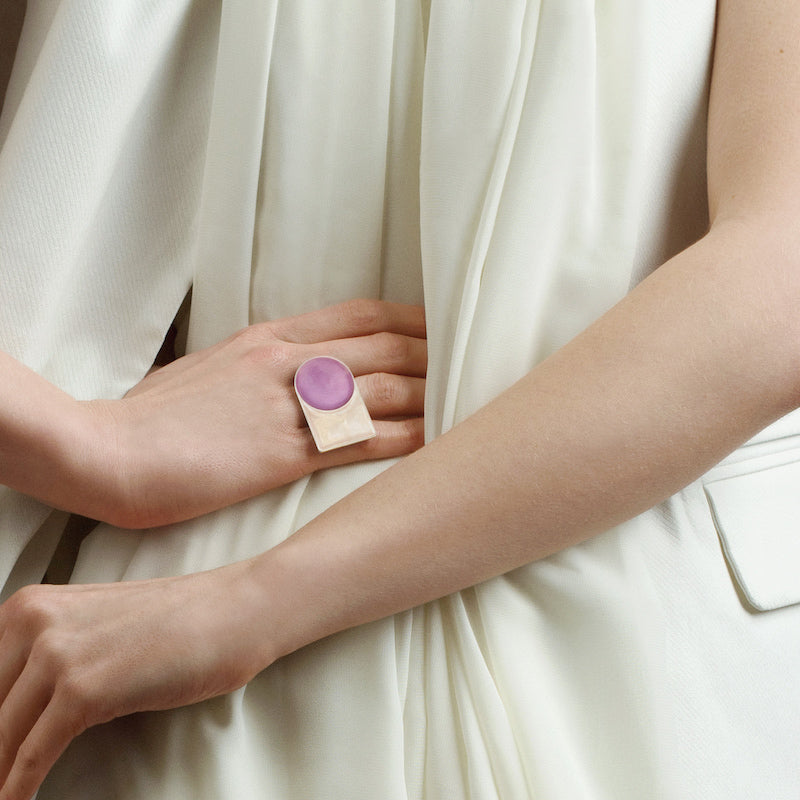 Silver ring with rose & beige enamel