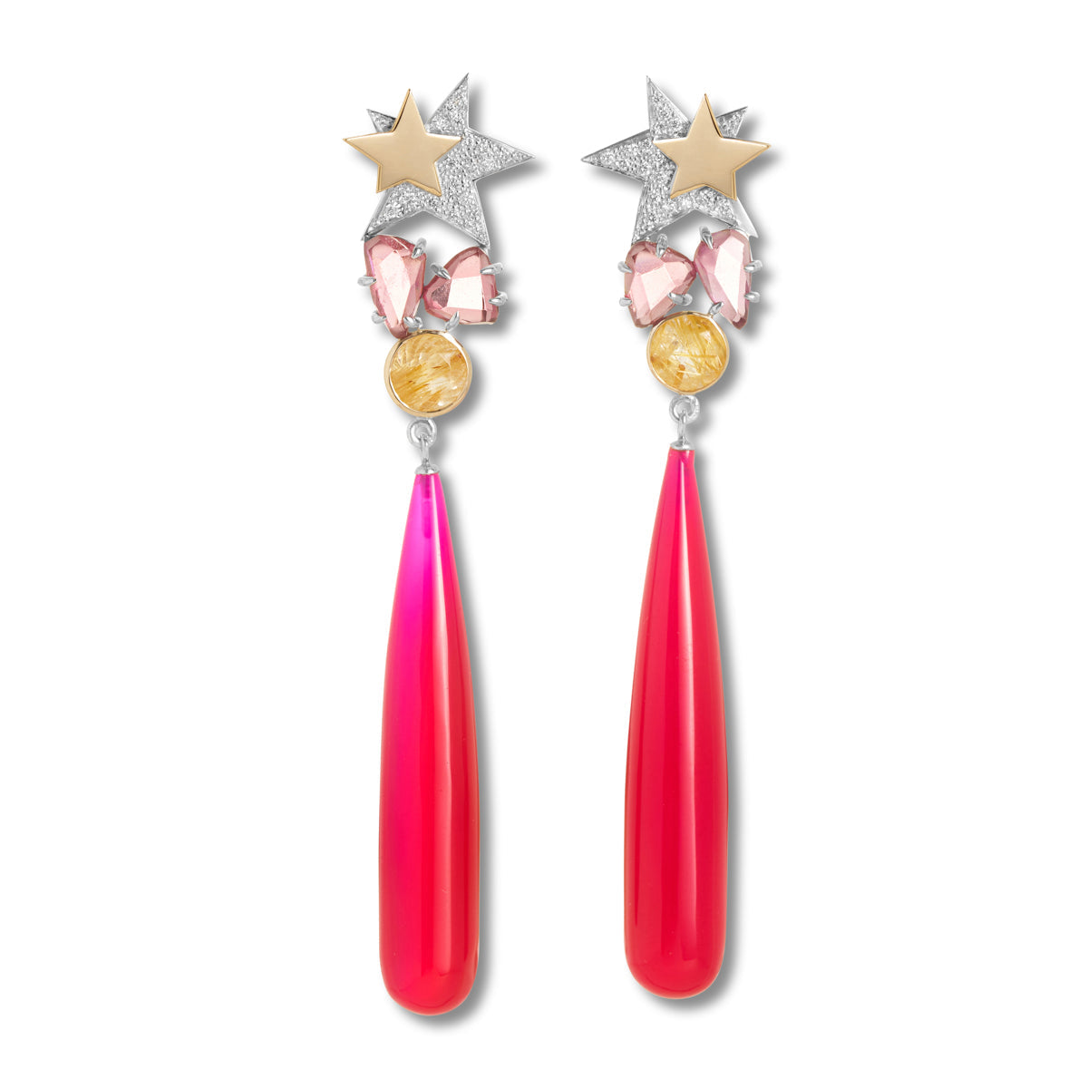 Earrings with gold and silver stars above two small pink stones on round yellow stones above a long neon pink stone