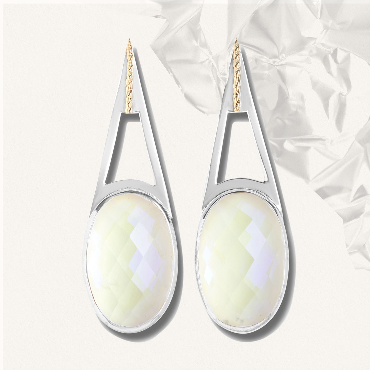 Sterling silver earrings with geometric cutout and Aurora quartz