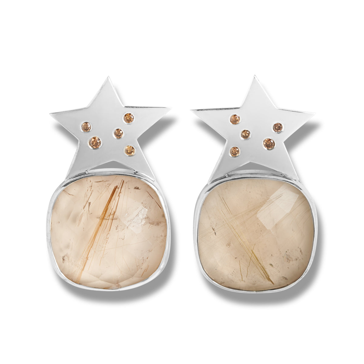 Earrings with silver stars fitted with Champagne diamonds above smoky quartz