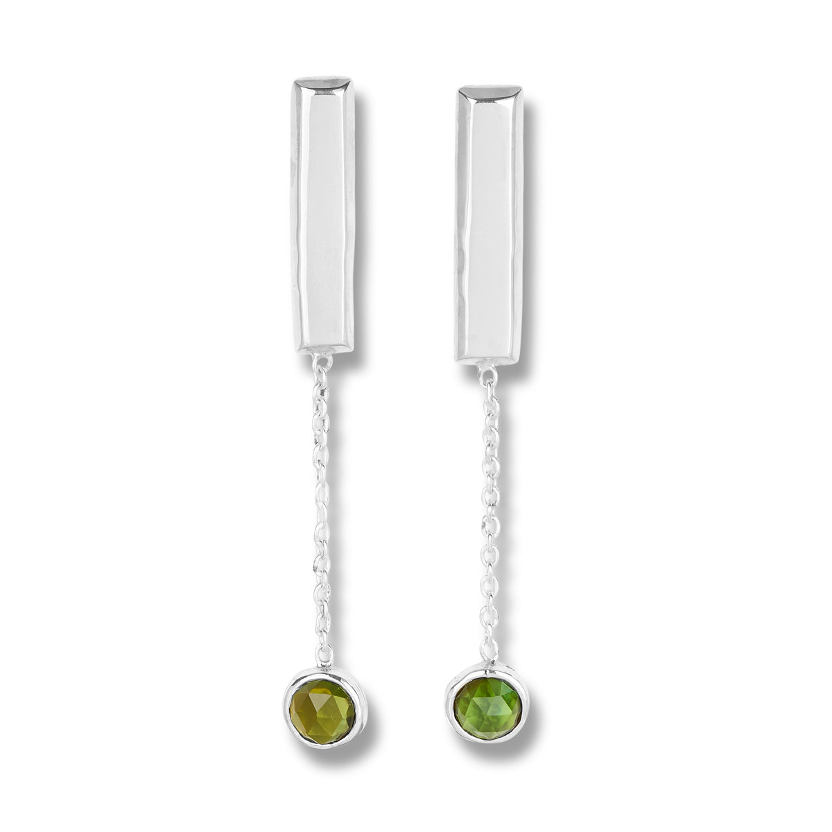 Sterling silver bar earrings with green tourmaline drop