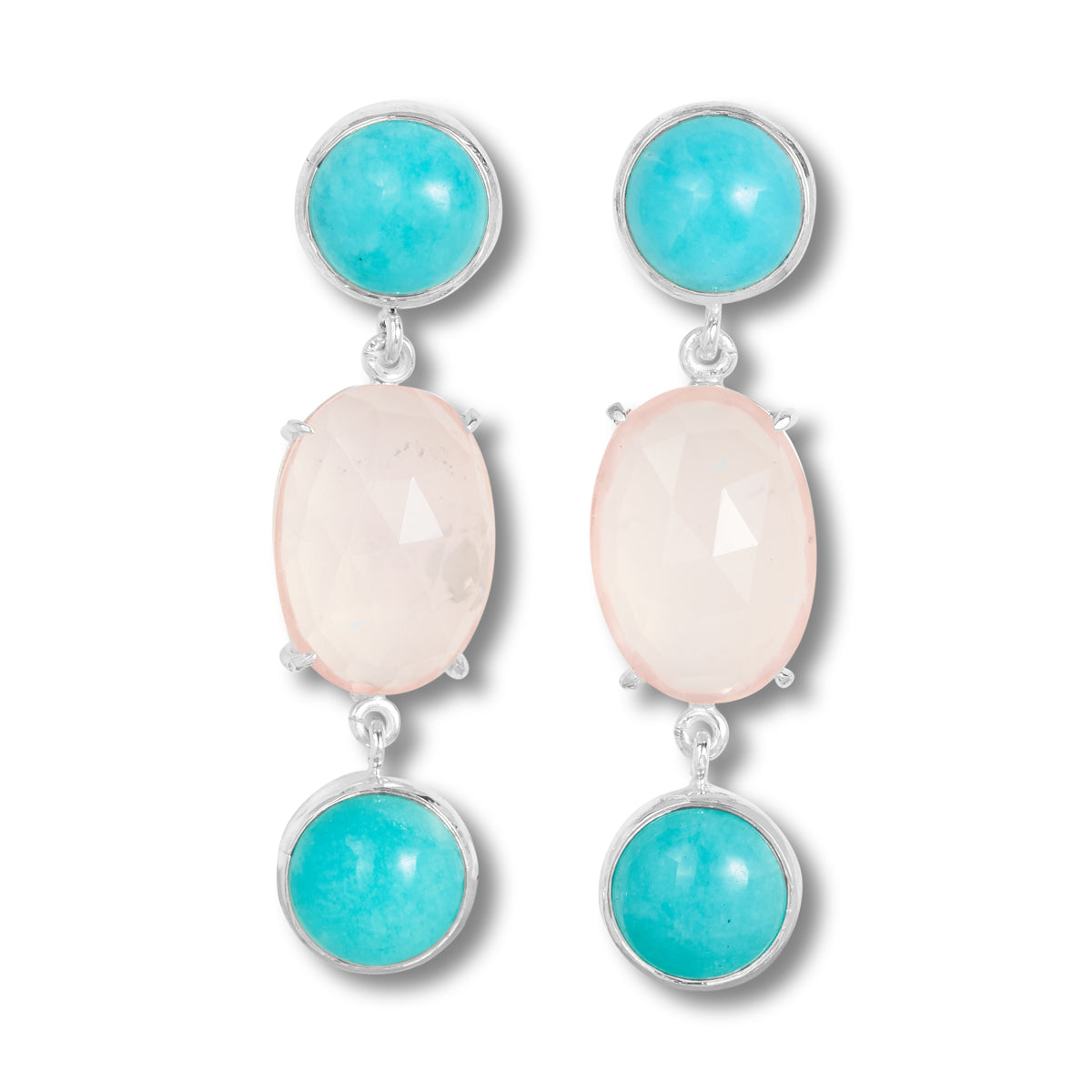 Earrings of turquoise Amazonite cabochon and rose quartz