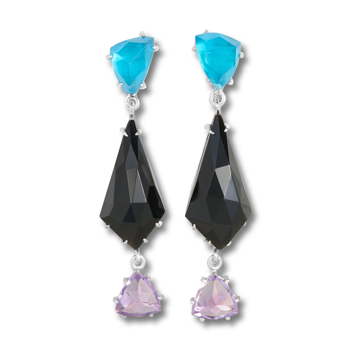 Earring of neon blue apatite, black onyx and amethyst