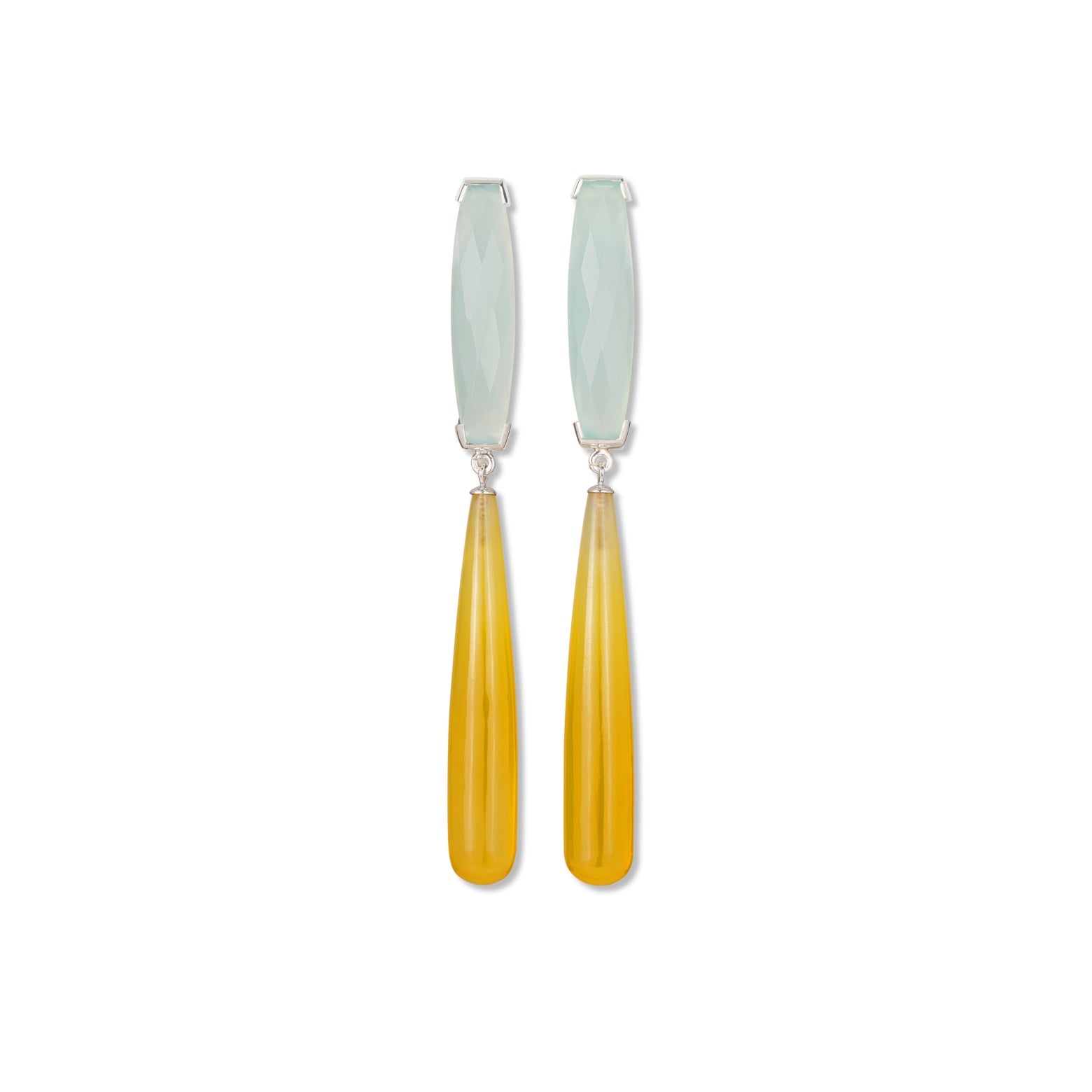 kelly Woodcroft handmade silver earrings featuring two elongated chalcedony teardrops in ice blue and yellow.