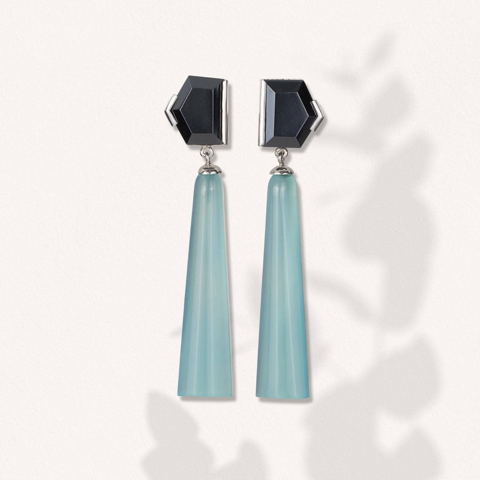 Kelly Woodcroft brisbane made earrings Hematite dangles in black and blue stones with silver detailing.